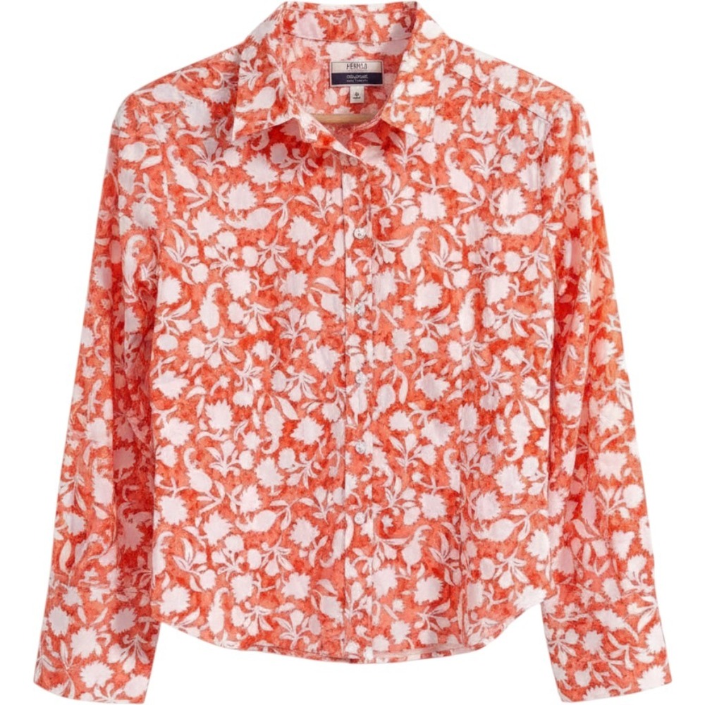 Fedeli Trillion Palm Beach Blouse Sz 46/Small Orange White Floral Made in Italy
